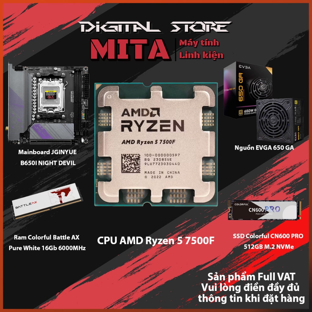 PC CPU AMD RYZEN 5 7500F + B650M + 16GB 6000MHz  + 650W Bảo hành 36 T MITA PERFOMANCE
