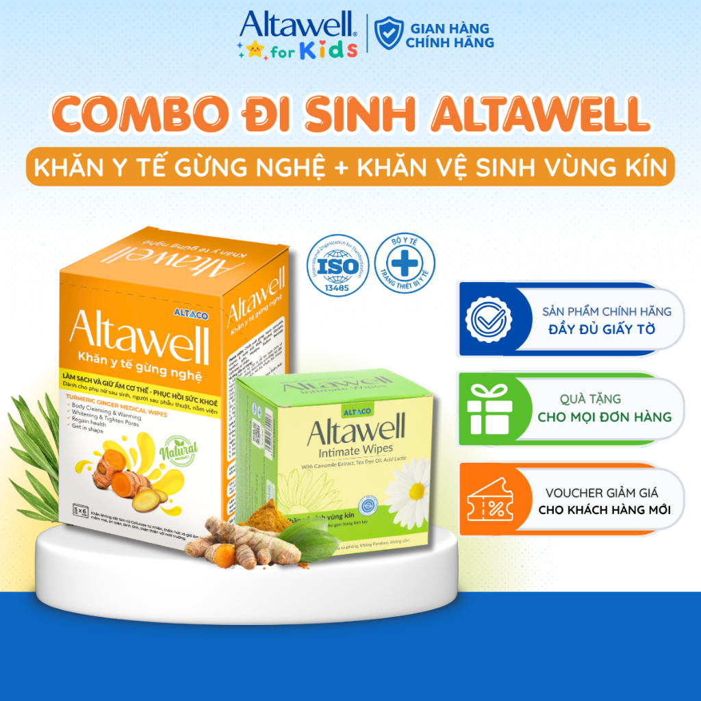 Combo cho mẹ bầu đi sinh - Khăn vệ sinh vùng kín Altawell và Khăn gừng nghệ Altawell, an toàn, vệ si