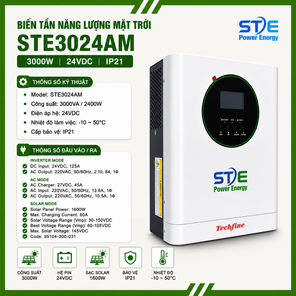 Biến Tần Năng Lượng Mặt Trời STE3024AM 3000VA/2400W 24VDC → 220VAC | MPPT 60A | Sạc Solar 1600W