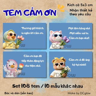 Set  108 Tem Cảm Ơn Gấu bông, Dễ thương trang trí túi hàng, hộp quà, thiết kế theo yêu cầu,cỡ 5x3 cm bóc dán, niêm phong