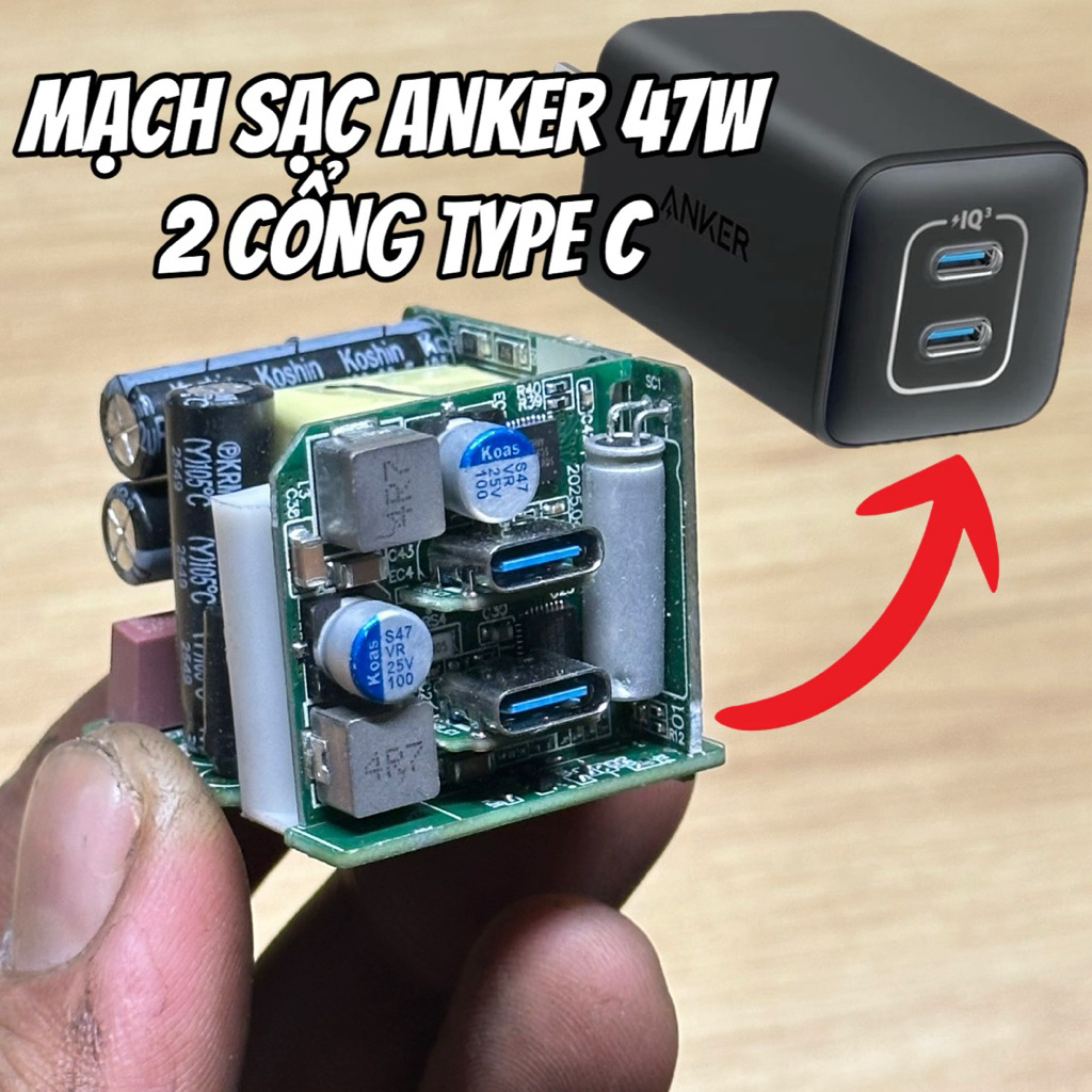 Mạch Sạc Nhanh 47W 2 Cổng Type C Tháo Máy Anker Zin Chính Hãng