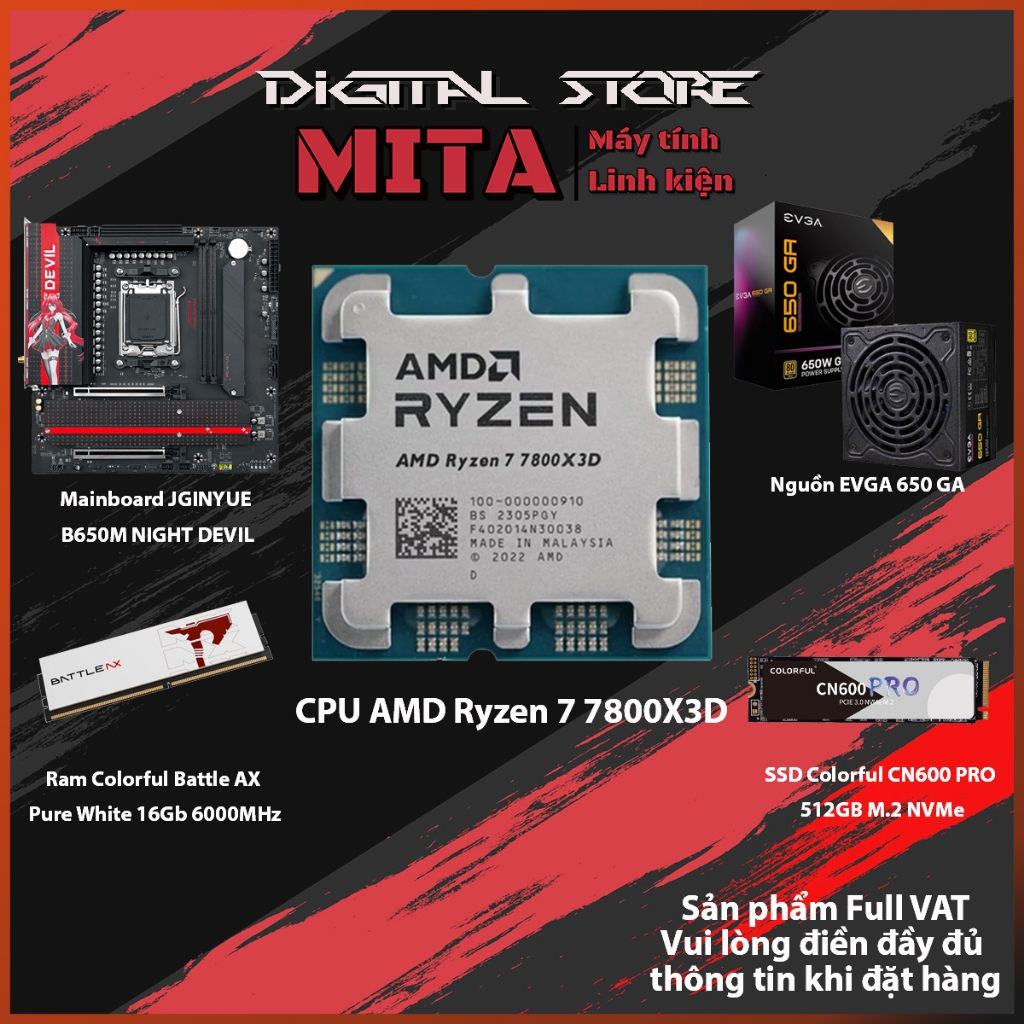 PC CPU AMD RYZEN 7 7800X3D + B650M + 16GB 6000MHz  + 650W Bảo hành 36 T MITA PERFOMANCE R7 7800X 3D
