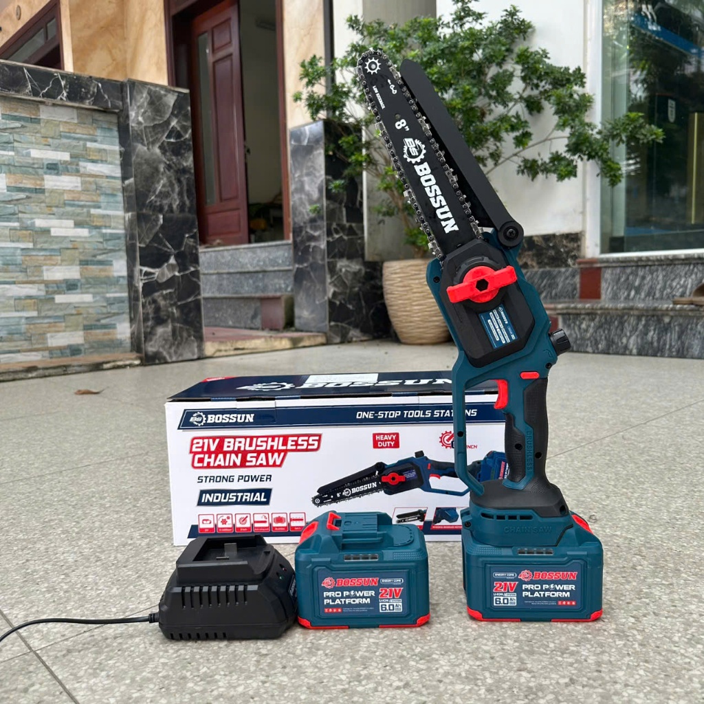 Máy Cưa Xích Pin Mini Bossun BS-CS08BLC, Lam Xích 8inch - Có Tra Nhớt, - Không Chổi Than, Ruột Đồng