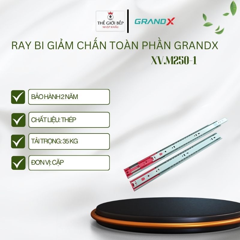 Ray bi 3 tầng giảm chấn GrandX XV.M250 – Ray trượt giảm chấn tải trọng 35kg – Vận hành êm ái