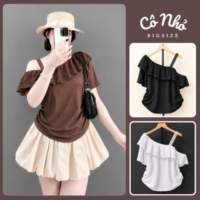 Áo Thun Trễ Vai Bigsize Nữ Tay Ngắn Cổ Phối Vạt Ren Xô Dễ Thương Cho Chubby A358