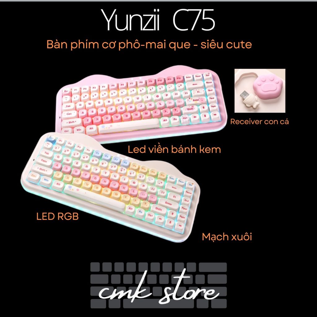 (sẵn tùy bản) Bàn Phím Cơ Yunzii C75 - 'Siêu Mèo Pudding' Viền - 3 Mode kết nối - 75% - Siêu Cute