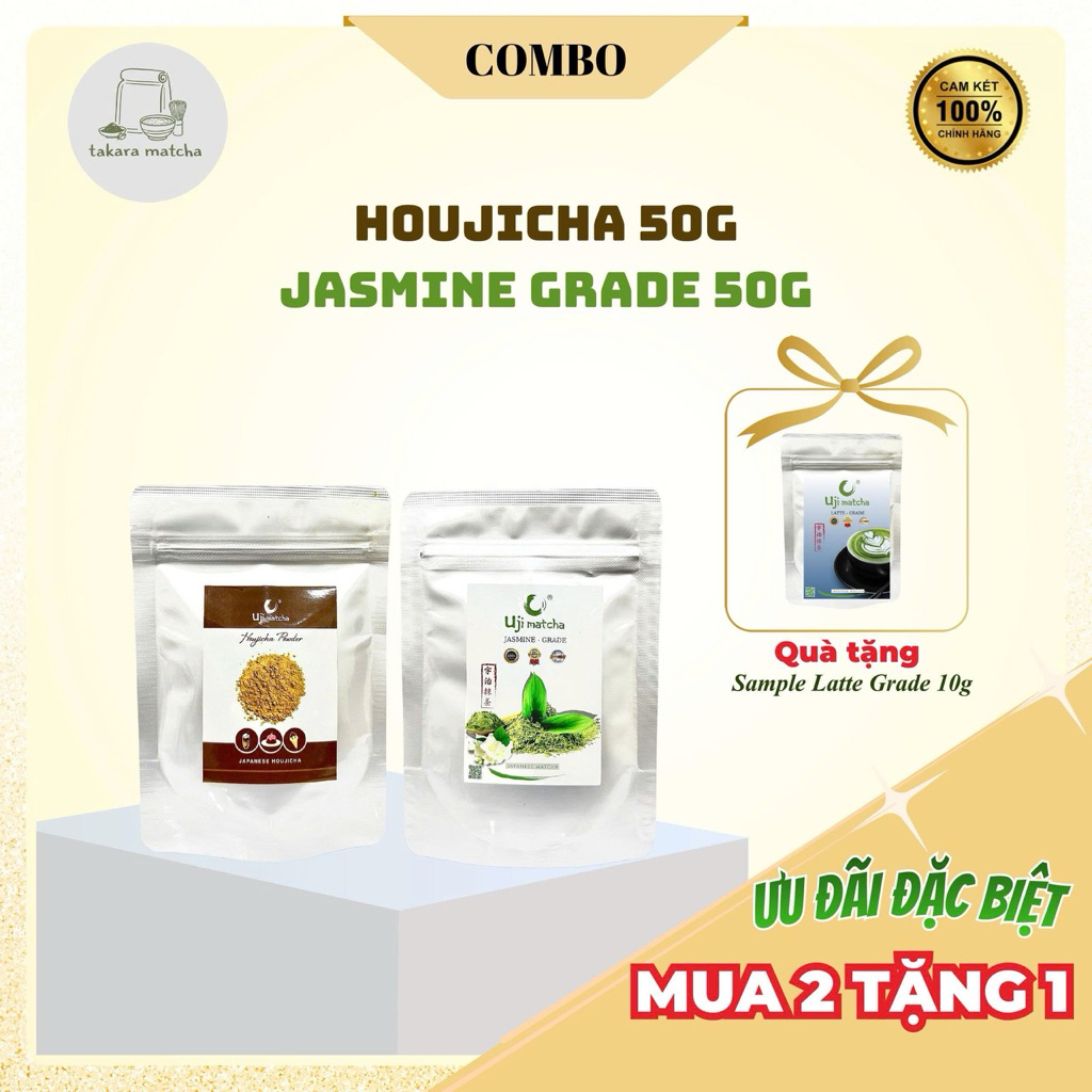 Combo  bột trà rang Houjicha 50g và Matcha hương nhài Jasmine Grade 50g - Quà tặng Sample 10g