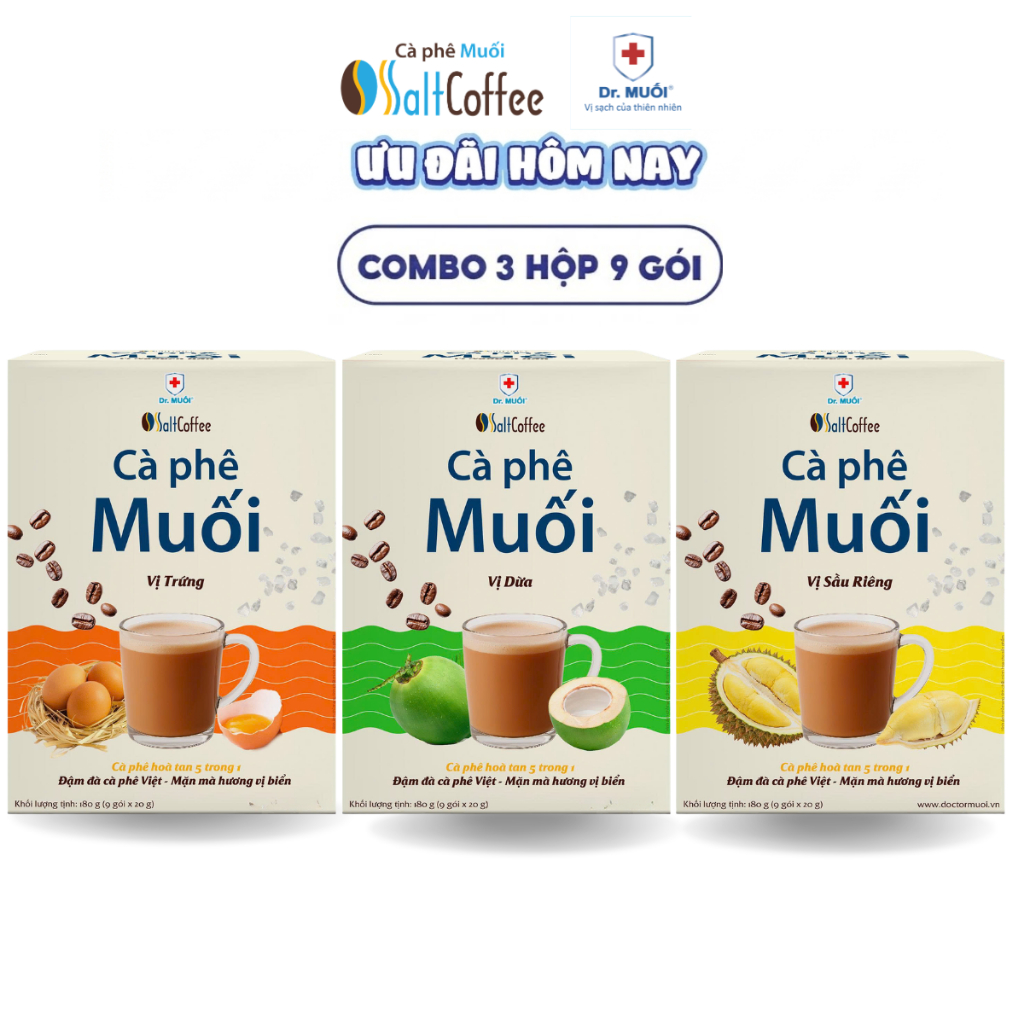 Combo 3 Hộp Béo Ngậy & Lạ Miệng - Vị Sầu Riêng + Vị Trứng + Vị Dừa, Cà Phê Muối (9 gói/hộp) -Mr.Muối