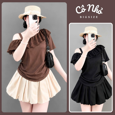 Set Áo Váy Tiểu Thư Bigsize Nữ Áo Thun Trễ Vai Tay Ngắn Phối Chân Váy Bí Dễ Thương A358+CV413