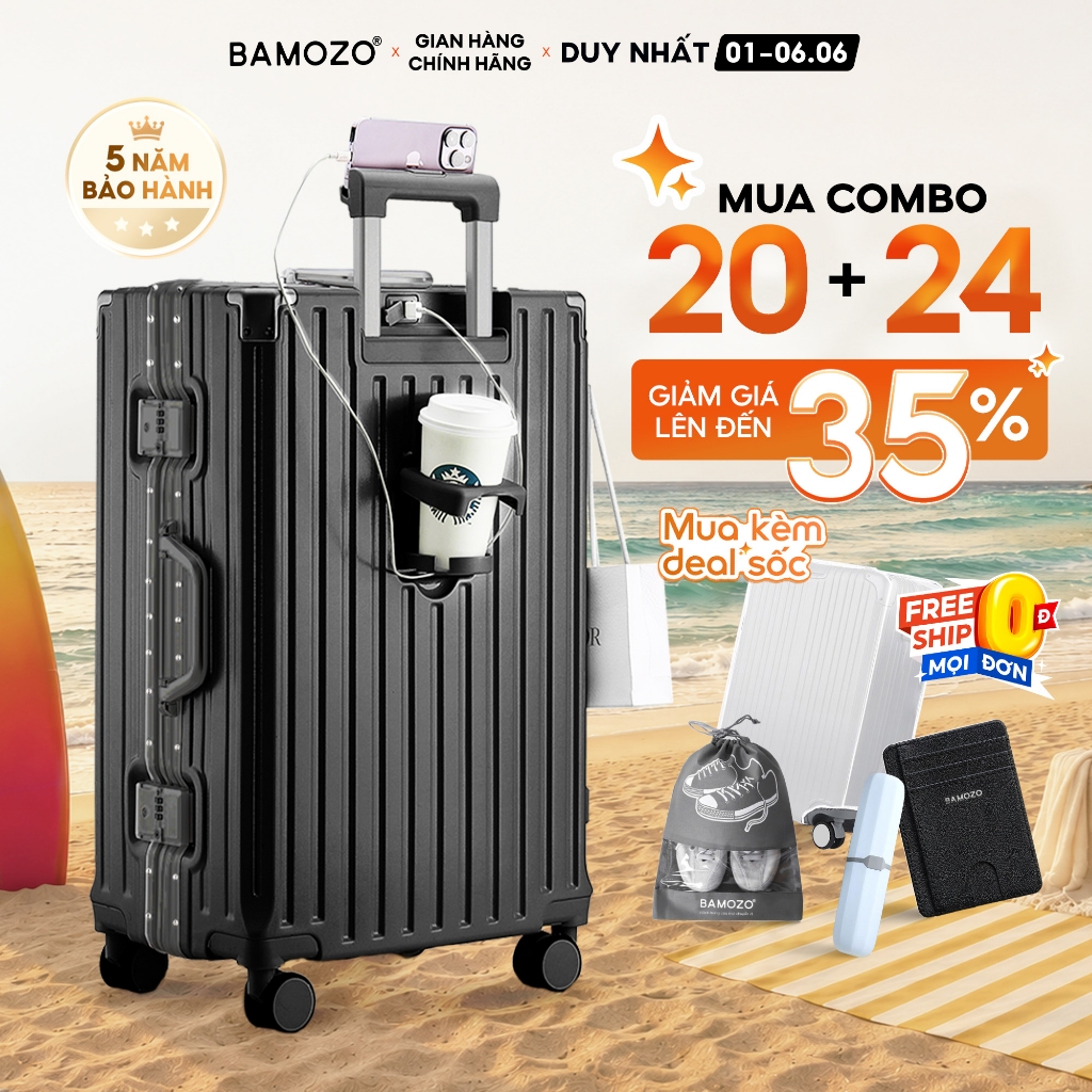 Vali du lịch Khung nhôm 9066 Bamozo Size 20/24/28 chống xước, có khóa sập, bo góc chống va đập_9066