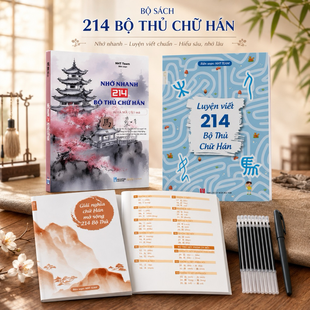 Combo Sách Nhớ Nhanh 214 Bộ Thủ Chữ Hán+Luyện Viết 214 Bộ Thủ Chữ Hán NHT BOOKS(tặng 1 bút 10 ngòi b
