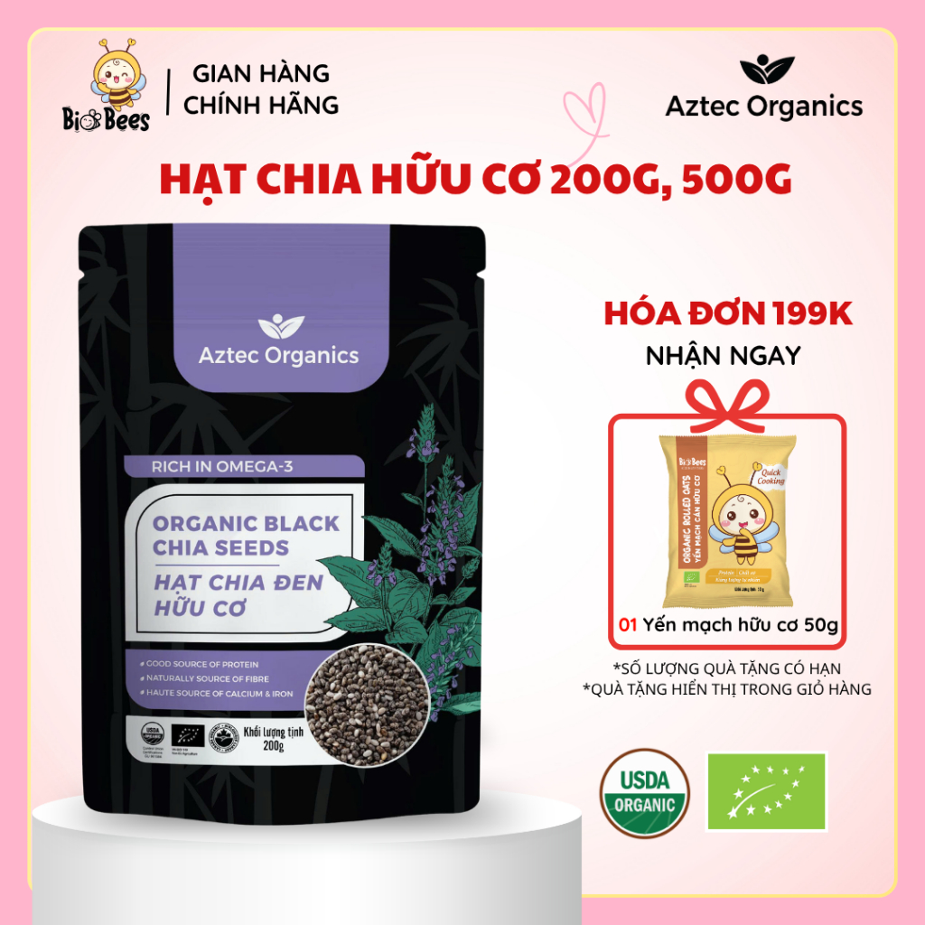 Hạt Chia Hữu Cơ  Aztec Organics – Hạt Chia Cho Bé Ăn Dặm, Bổ Sung Omega 3, Canxi, Chất Xơ