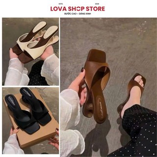 Dép cao gót đế xuồng 2 tầng 7 phân mũi vuông, dép cao gót 7 phân quai bản cong ôm chân chất liệu da PU tôn da (0025)