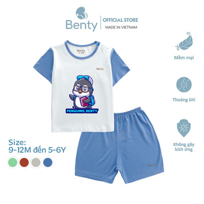 Bộ cộc cài vai phối tay in hình chim cánh cụt BT128 Benty mềm mại thoáng khí an toàn cho làn da bé