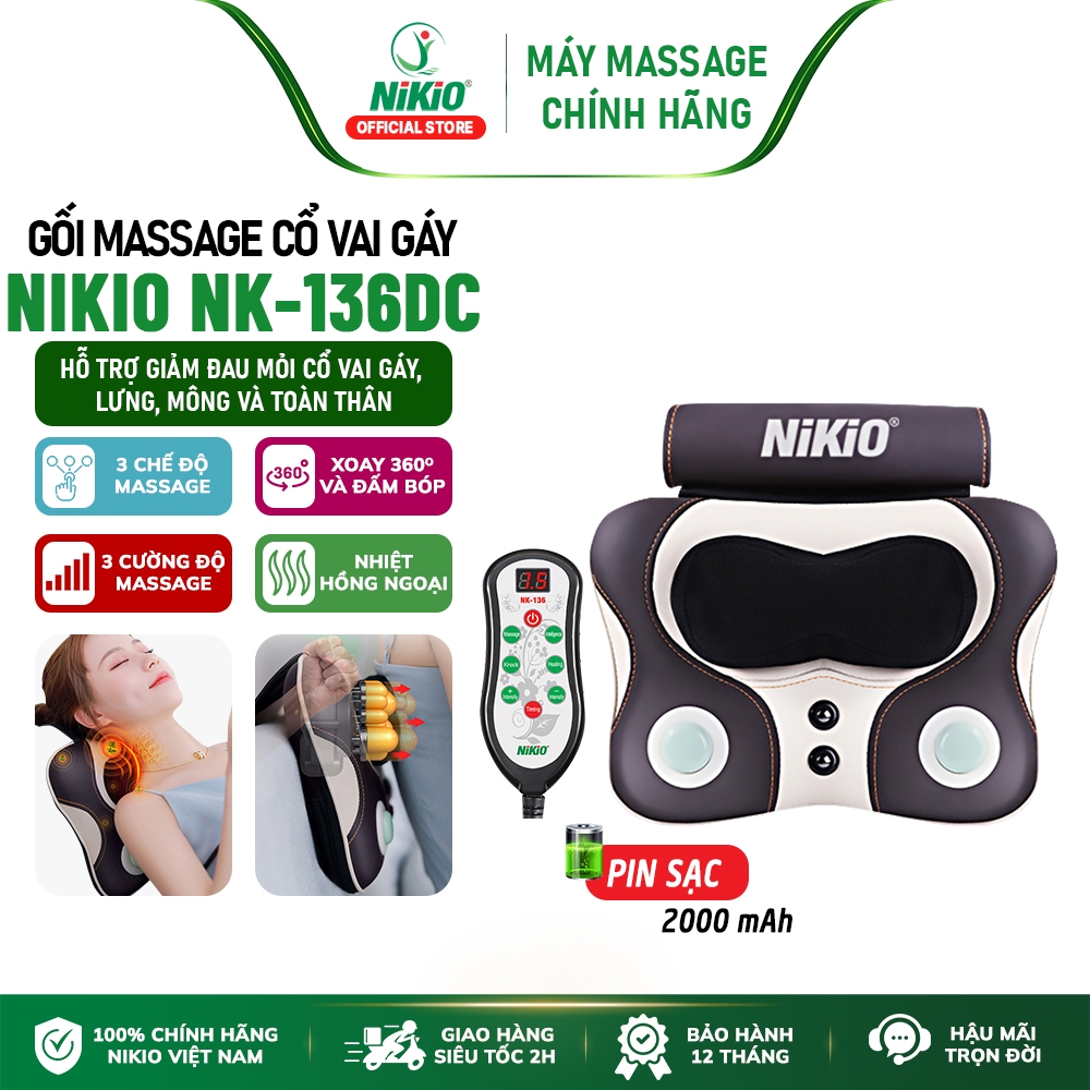 Gối Massage Cổ Vai Gáy Nikio NK-136DC Đen Xám, Kích Thước 350x110x260mm, Pin Sạc Li-ion 2000mAh