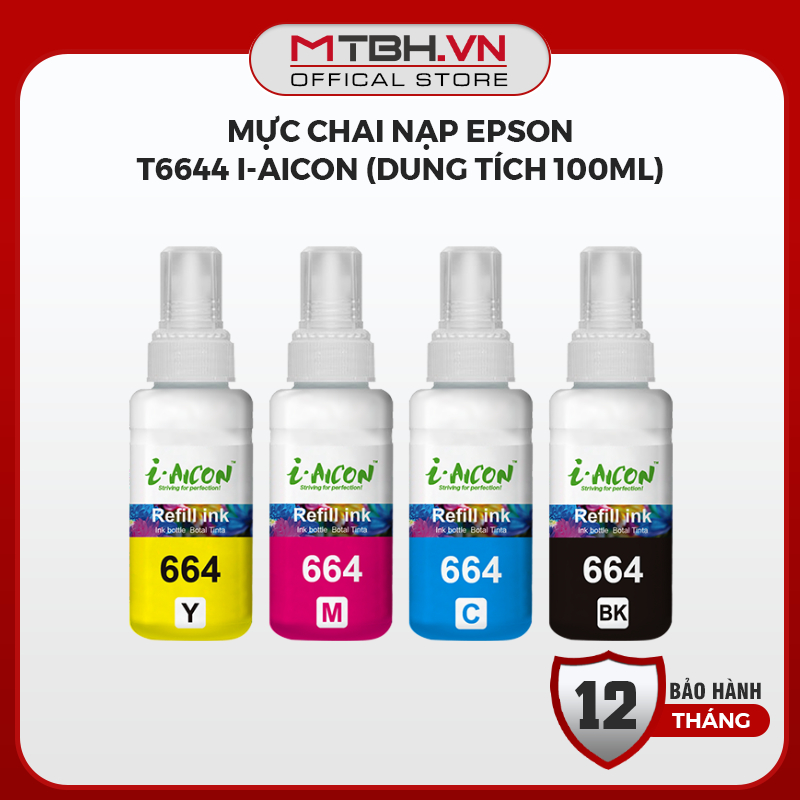 Mực Chai Nạp Epson T6644 I-AICON (Dung Tích 100ml) - Đầy Đủ Bộ 4 Màu Lựa Chọn