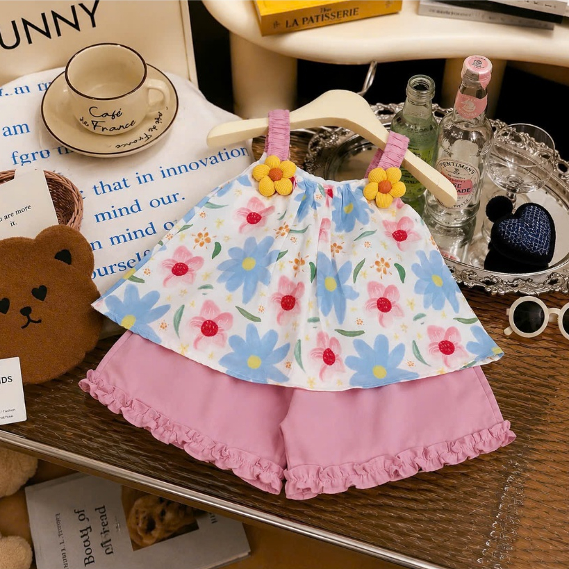 Đồ bộ bé gái 2 dây, Set đồ bé gái hoa nhí, Bộ 2 dây bé gái hoạ tiết hoa quần đùi chất thô [8-20kg]