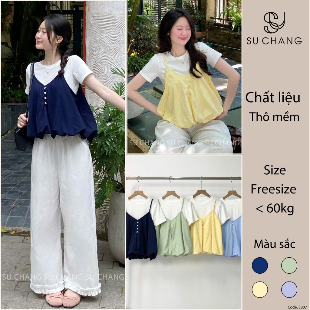 Set Yếm Nữ 2 Dây Dáng Bí Cúc Dọc Kèm Áo Thun Trơn (Có Bán Lẻ Yếm) Su Chang S807 Thời Trang Nữ | BigBuy360 - bigbuy360.vn