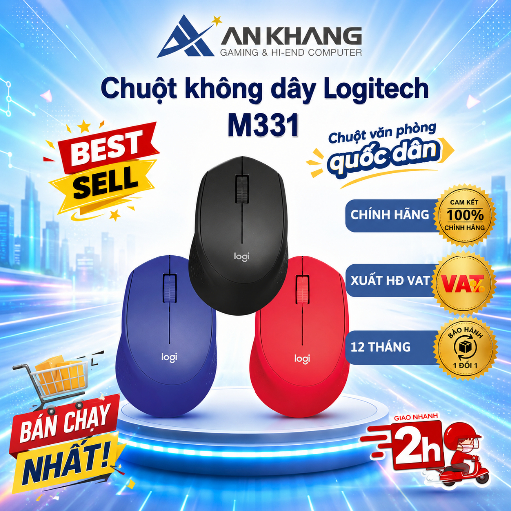 Chuột không dây Logitech M331 Silent Kết nối đầu thu USB Giảm ồn Pin trâu Chính hãng Bảo hành 12 Tháng