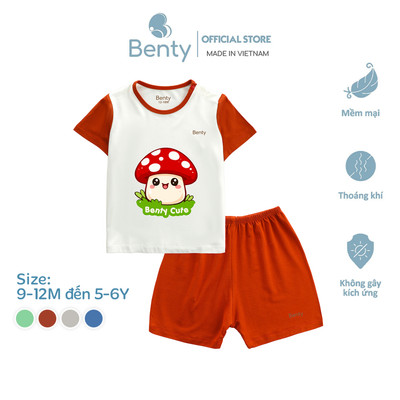 Bộ cộc cài vai phối tay in hình cây nấm BT129 Benty quần áo trẻ em unisex, thấm hút mồ hôi tốt