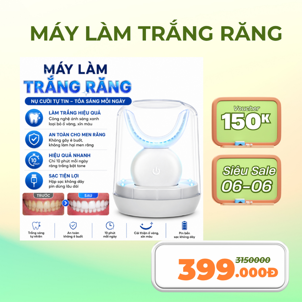 Máy Làm Trắng Răng Bằng Ánh Sáng Xanh Smile Kit Tại Nhà Hộp Khử Khuẩn Bộ 4 Ống Gel Làm Trắng Răng Sm