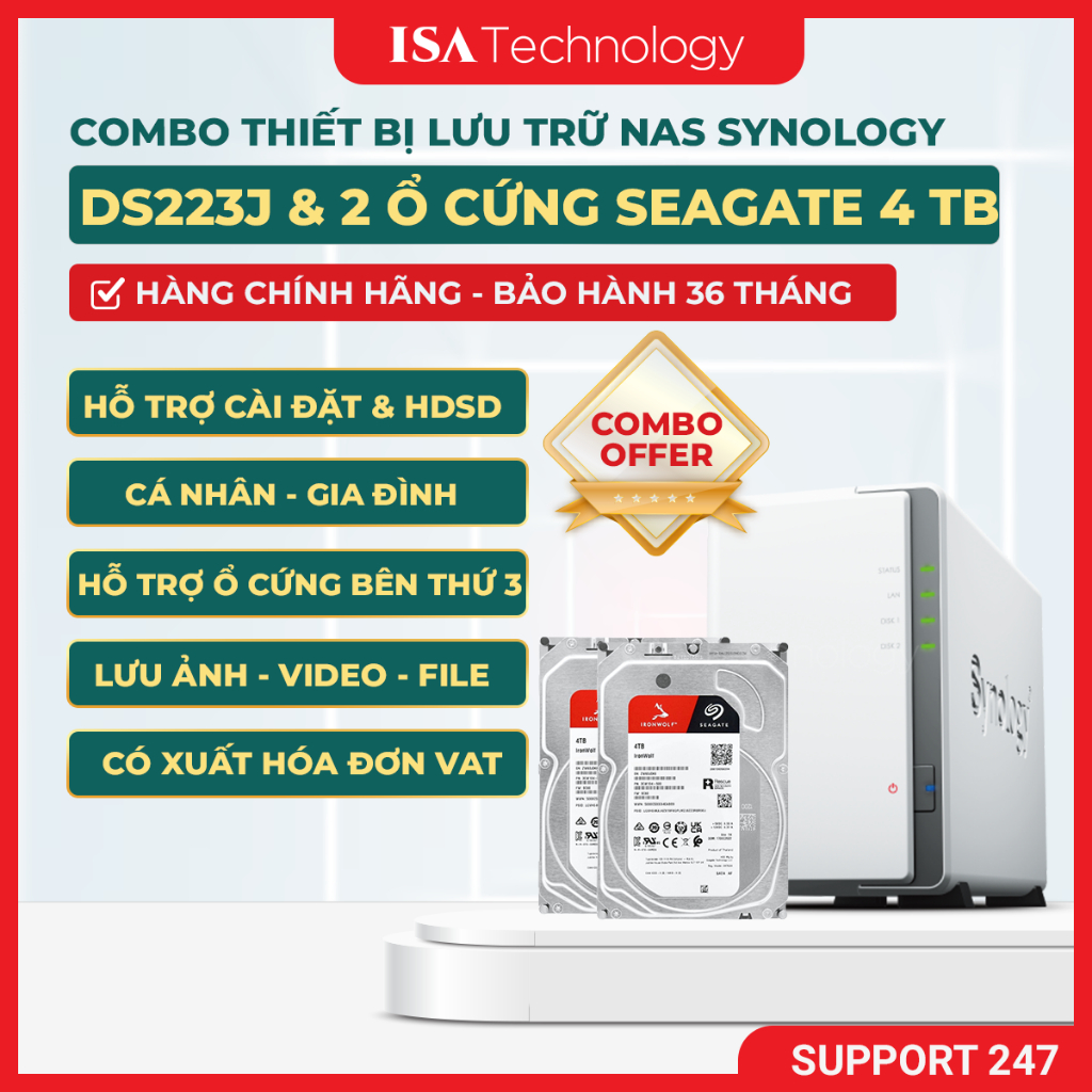 [Combo] NAS Synology DS223J và 2 Ổ Cứng Seagate 4 TB dành cho cá nhân và gia đình lưu trữ dữ liệu
