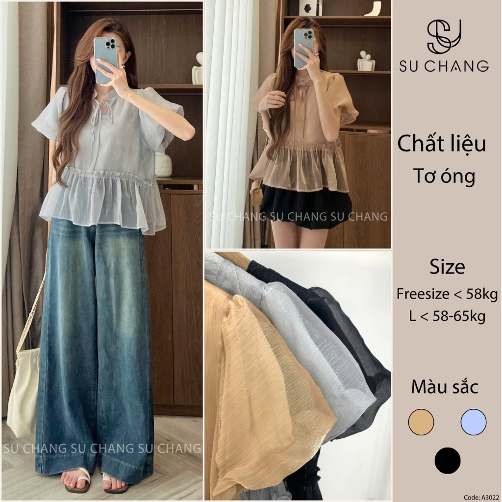 Áo Babydoll Cổ Nơ Tay Bồng Dáng Rộng Chất Tơ Óng Su Chang A3022 Thời Trang Nữ Bigsize