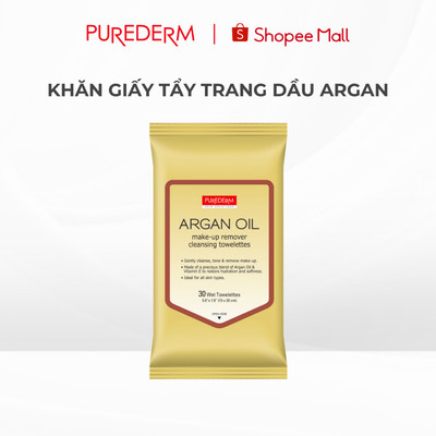 Khăn giấy Tẩy trang Dầu Argan Purederm 30 Miếng Phù Hợp cho Da Khô, Da Nhạy Cảm, Tiện Lợi Mang Theo