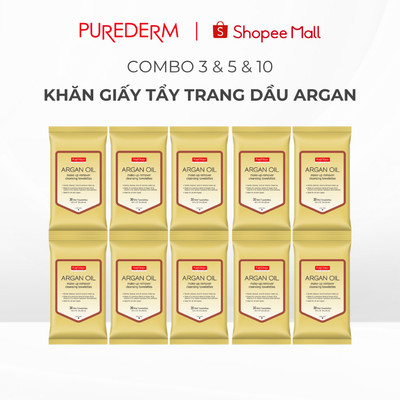 [COMBO] Khăn giấy Tẩy trang Dầu Argan Purederm 30 Miếng Phù Hợp cho Da Khô, Da Nhạy Cảm, Tiện Lợi Mang Theo