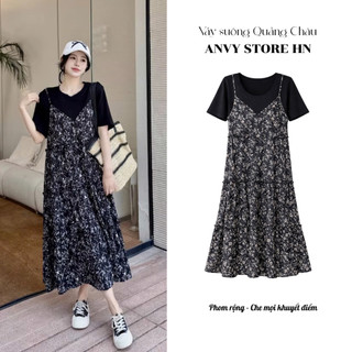 M15 Váy yếm liền cotton đen phối lụa hoa nhí xoè nhẹ