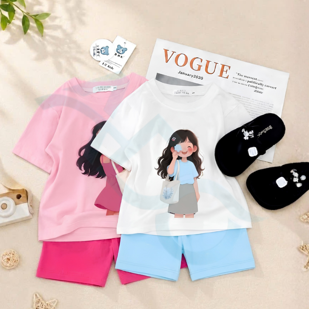 Đồ bộ bé gái ADO kids tay ngắn quần lửng tóc thả đeo túi có size đại mặc mùa hè 14-25kg