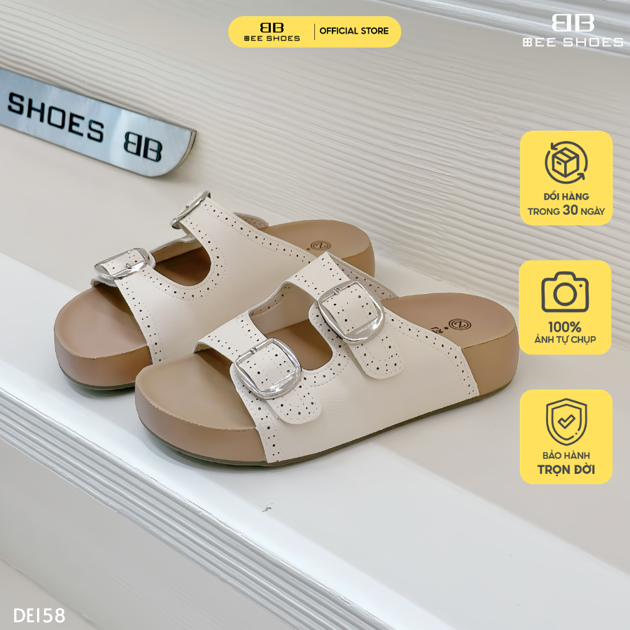 Dép nữ BEESHOES sandal 2 quai, mũi tròn đế bánh mì cao 3 phân sẵn màu kem DE158