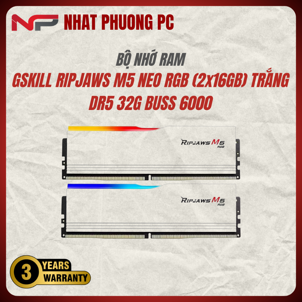 RAM GSKILL RIPJAWS M5 NEO RGB (2x16GB) TRẮNG DR5 32G BUSS 6000 NEW