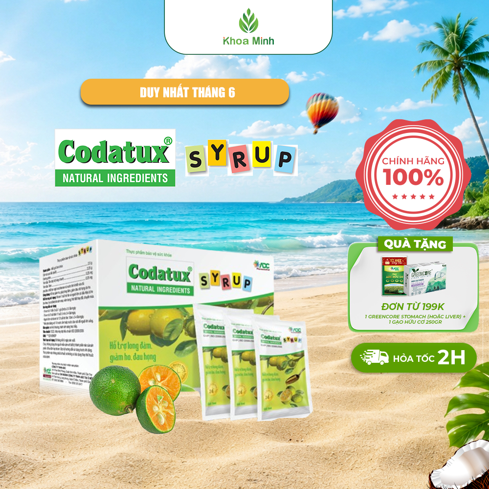 Thực phẩm bảo vệ sức khỏe Codatux Syrup hỗ trợ long đàm, giảm ho, đau họng. Hộp 30 gói