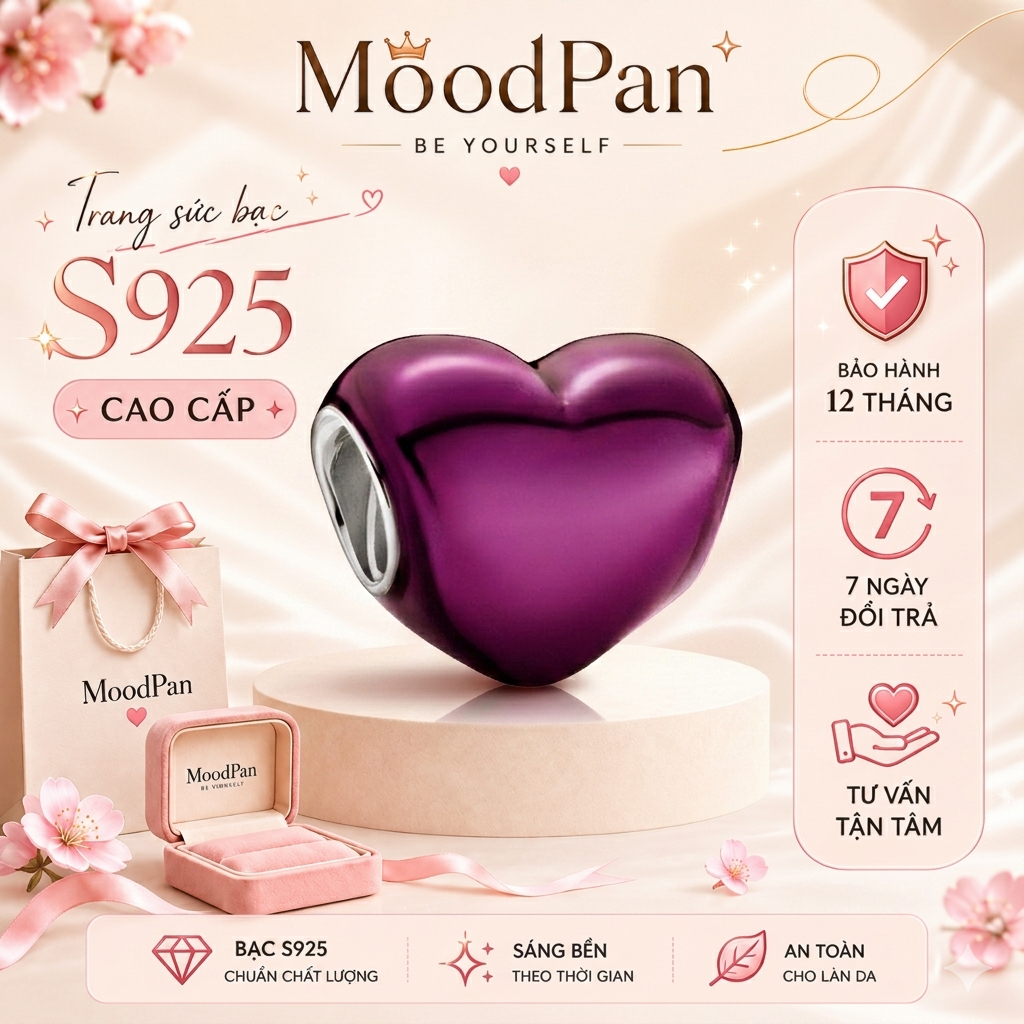 Charm bạc S925 Padora hình trái tim purple-1409 tình yêu - Garbini
