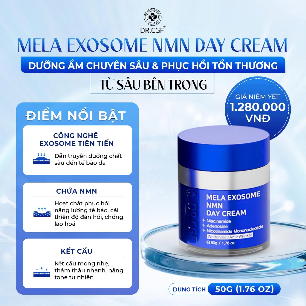 Kem Dưỡng Da Ban Ngày DR.CGF Mela Exosome NMN Day Cream Màu Xanh Dưỡng Ẩm Sáng Da Mịn Màng