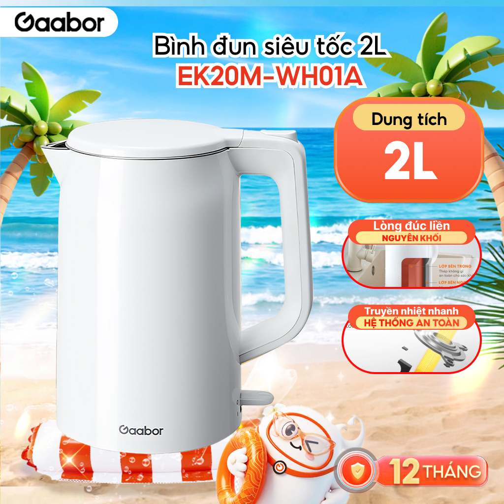 Bình đun siêu tốc Gaabor EK20M-WH01A dung tích lớn 2L công suất 1500W lòng ấm thép đúc liền kề dễ vệ
