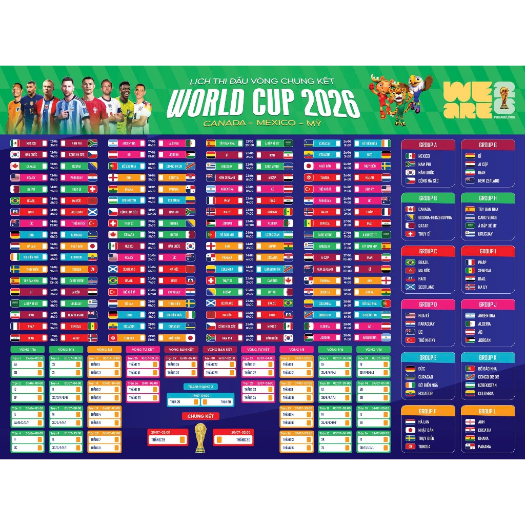 Lịch thi đấu World Cup 2026 đầy đủ 104 trận 48 đội - Lịch bóng đá WC 2026 dán tường