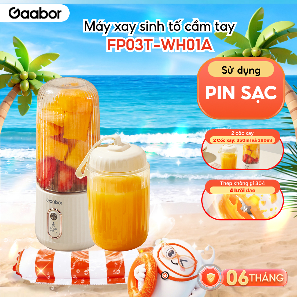 Cốc xay sinh tố cầm tay Gaabor FP03T-WH01A kèm ly đôi 350ml + 280ml pin sạc cổng USB nhỏ gọn