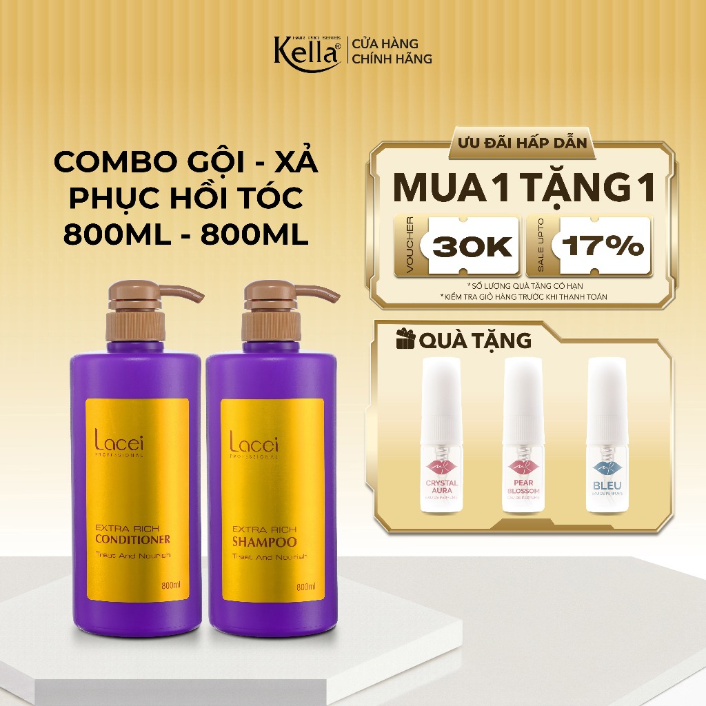 Combo Dầu Gội Xả Phục Hồi Tóc Lacei Giúp Giảm Khô Xơ, Tóc Mềm Mượt, Chắc Khỏe - Chai 800ml