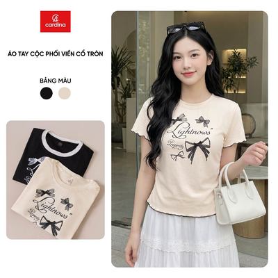 Áo thun nữ CARDINA chất liệu thun Zip tay cộc cổ tròn phối viền 6ATC12