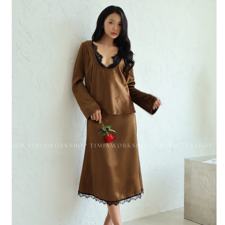 LUCIA Set Áo Lụa Tay Dài Cổ Tròn Phối Kèm Áo Bra - Timin Workshop