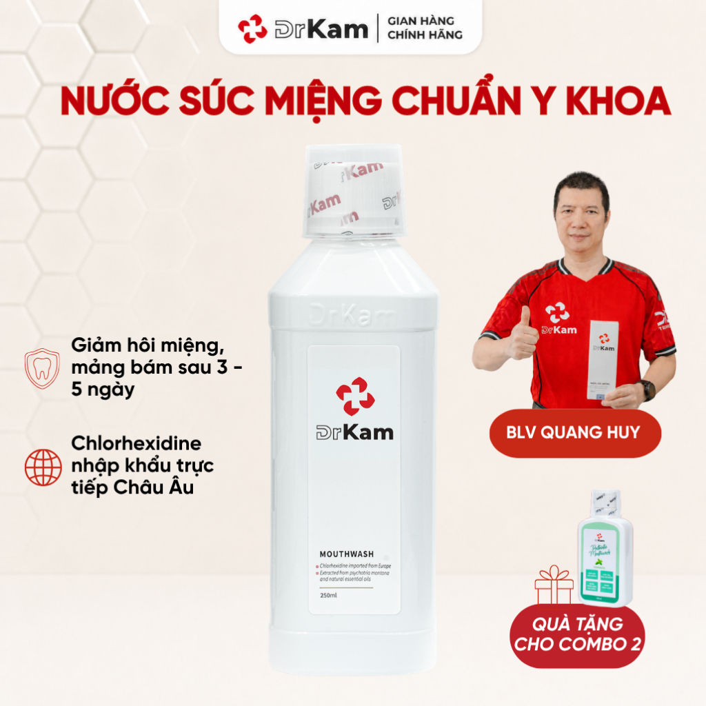 Nước Súc Miệng Chuẩn Y Khoa DrKam 250ml - Khử Hôi Miệng Giảm Viêm Nướu - Không Cồn Không Cay