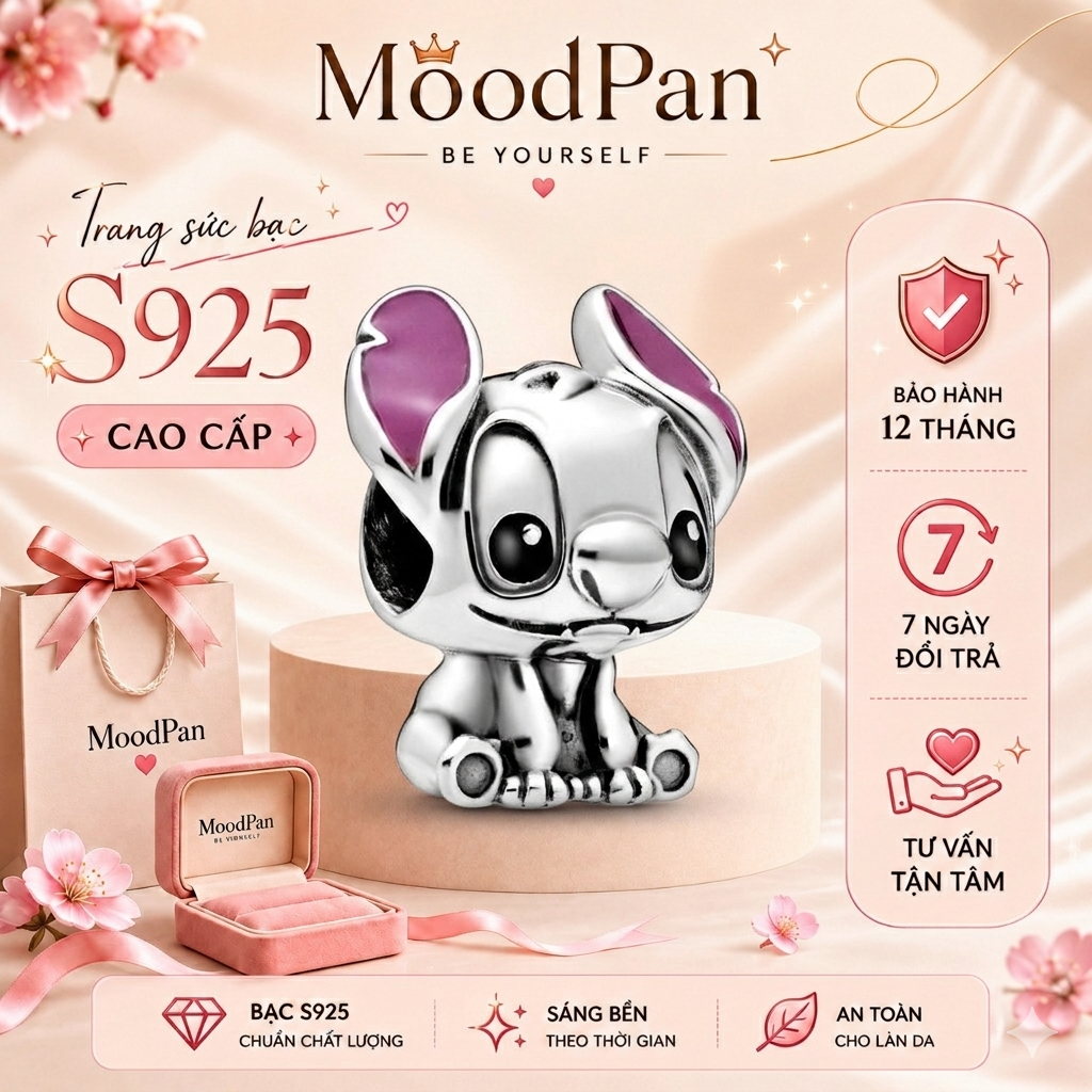 Charm bạc S925 Padora hình chú Stitch Disney-1423 Disney