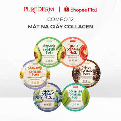 [COMBO] Mặt Nạ Dưỡng Da Collagen Purederm 18g_Bơ, Cà chua, Cà phê, Trà Xanh, Hoa Cúc, Việt Quất phù hợp với mọi loại da