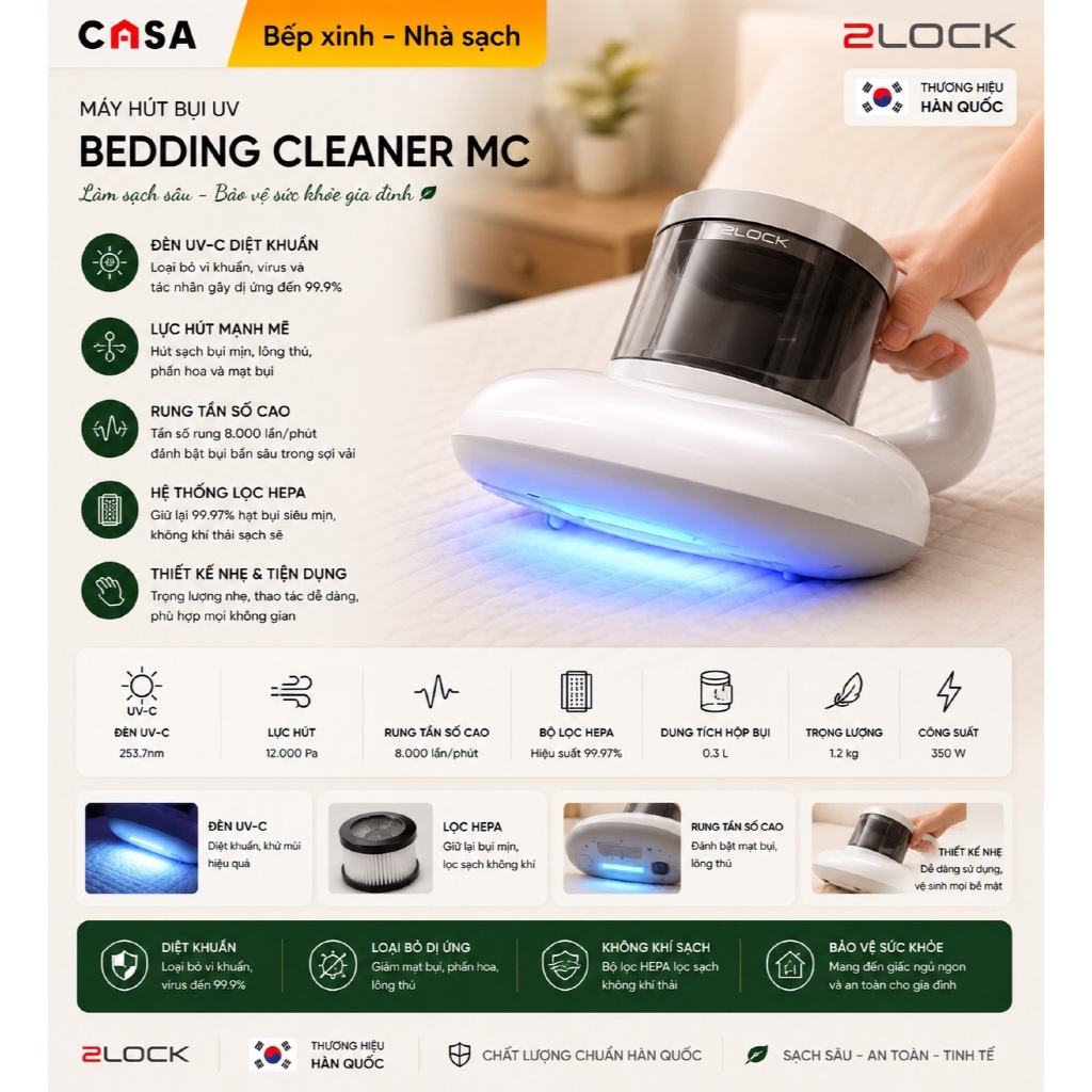MÁY HÚT BỤI UV BEDDING CLEANER 2LOCK MC-350W ( 2 Màu )