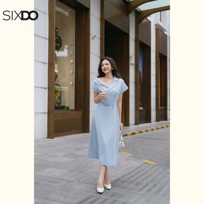 Đầm dáng xòe cổ vest lệch SIXDO (Light Blue Woven Flared Dress)