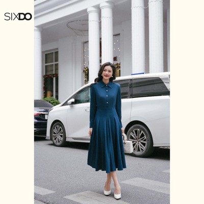 Đầm dáng xòe xếp lý dài tay cổ đức SIXDO (Mallard Green Woven Flared Dress)