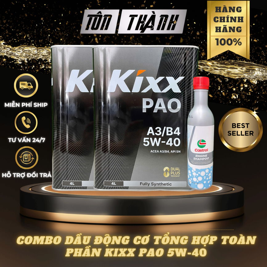 [ Combo bảo dưỡng ] 2 Bình Nhớt KIXX PAO ACEC A3/B4 5W40 (4 Lít) + Súc động cơ Castrol