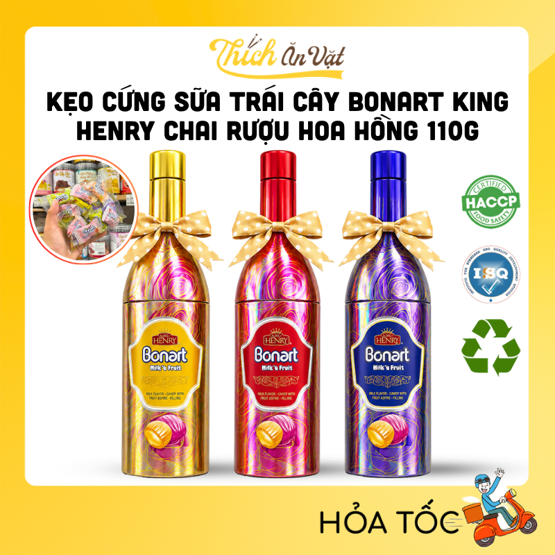 Kẹo Cứng Sữa Trái Cây BONART KING HENRY Chai Rượu Hoa Hồng 3 Màu 110g - Thích Ăn Vặt